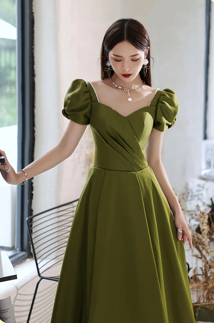 Green Satin Long A-Line Prom Dress, Short Sleeve Evening Party Dress