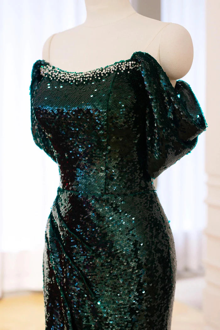 Green Sequins Long Prom Dress, Mermaid Off the Shoulder Party Dress