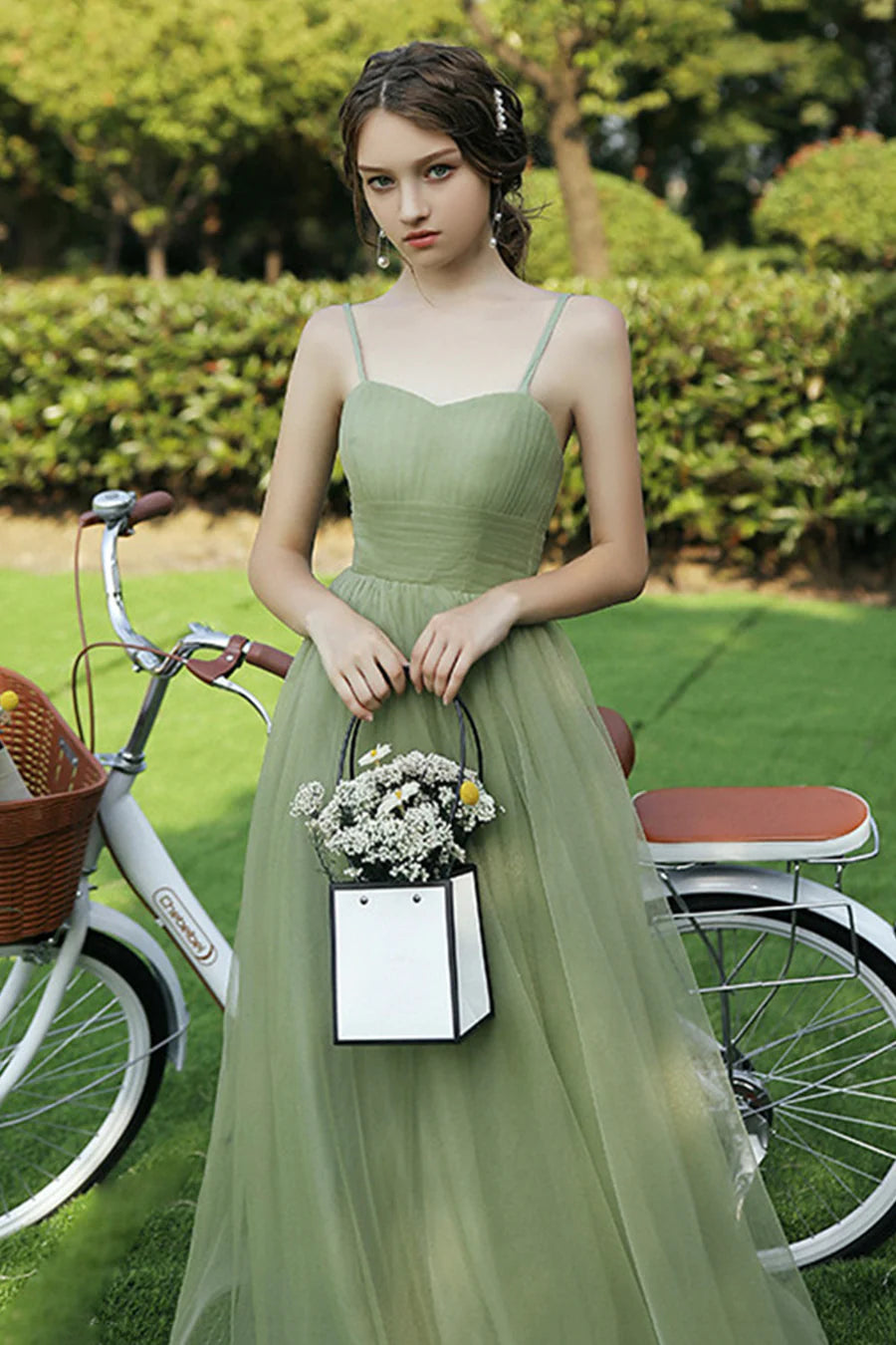Green Spaghetti Strap Tulle Long Prom Dress, A-Line Evening Party Dress