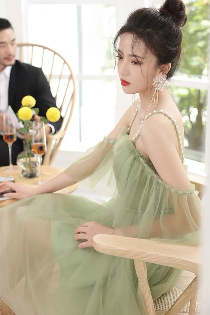 Green Spaghetti Strap Tulle Short Prom Dress, Green A-Line Homecoming Dress