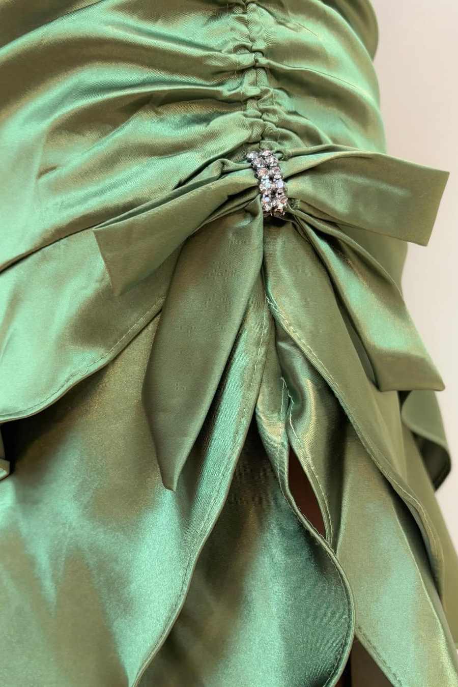 Green Spaghetti Straps Ruffles Sleeveless Long Prom Dress with Slit
