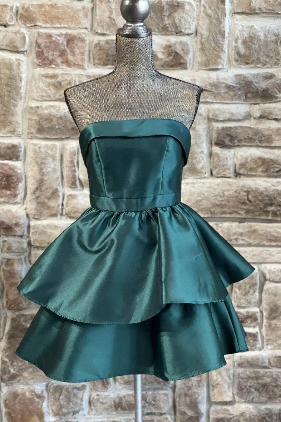 Green Strapless A-Line Empire-Waist Layered Satin Mini Homecoming Dress