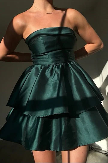 Green Strapless A-Line Empire-Waist Layered Satin Mini Homecoming Dress