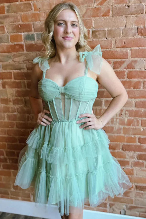 Green Straps A-Line Tulle Tiered Short Corset Homecoming Dress