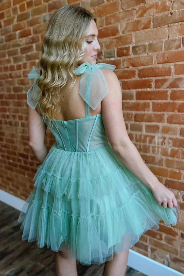 Green Straps A-Line Tulle Tiered Short Corset Homecoming Dress