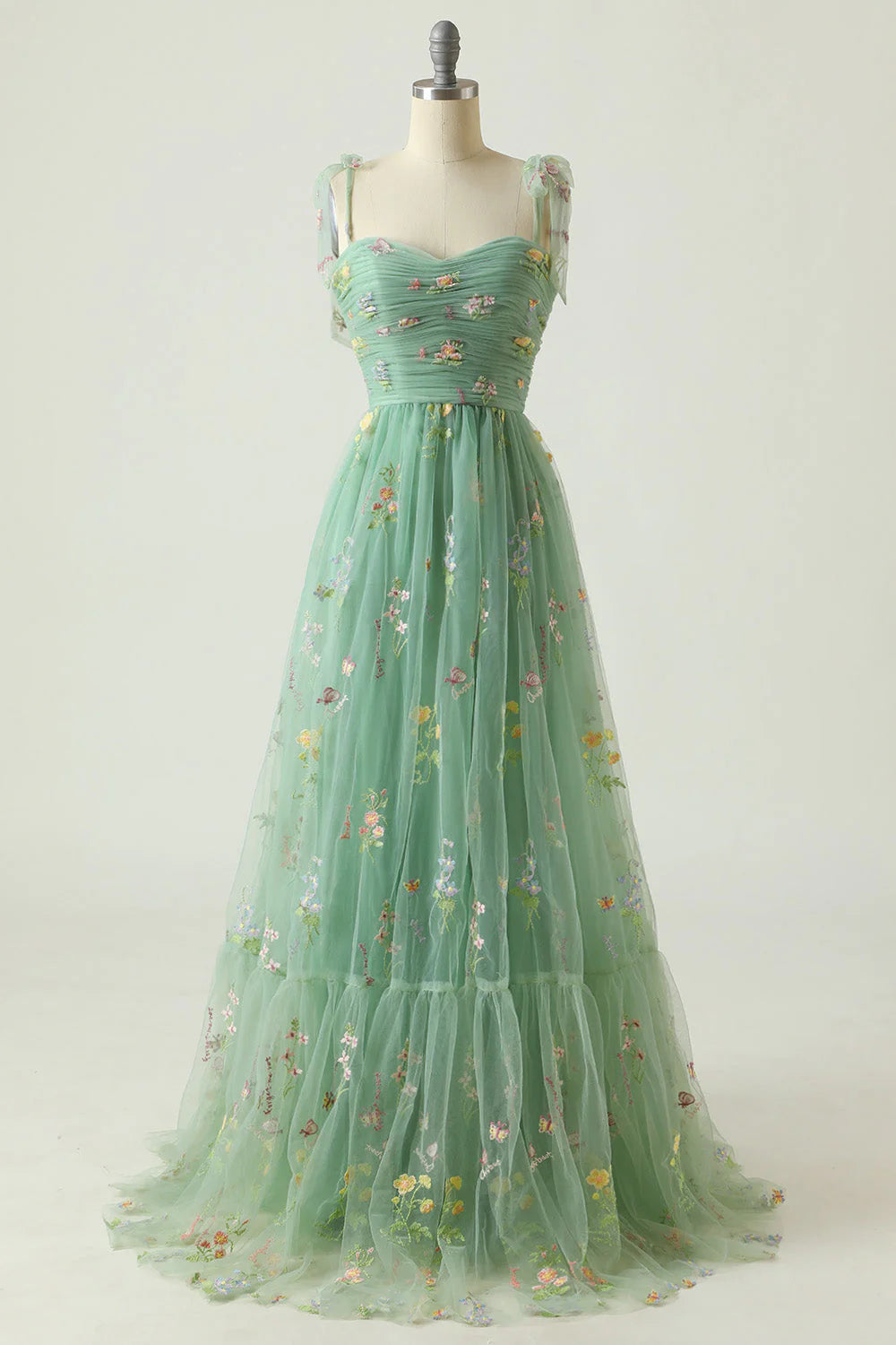 Green Tulle A Line Spaghetti Straps Floral Long Prom Dress With Embroidery