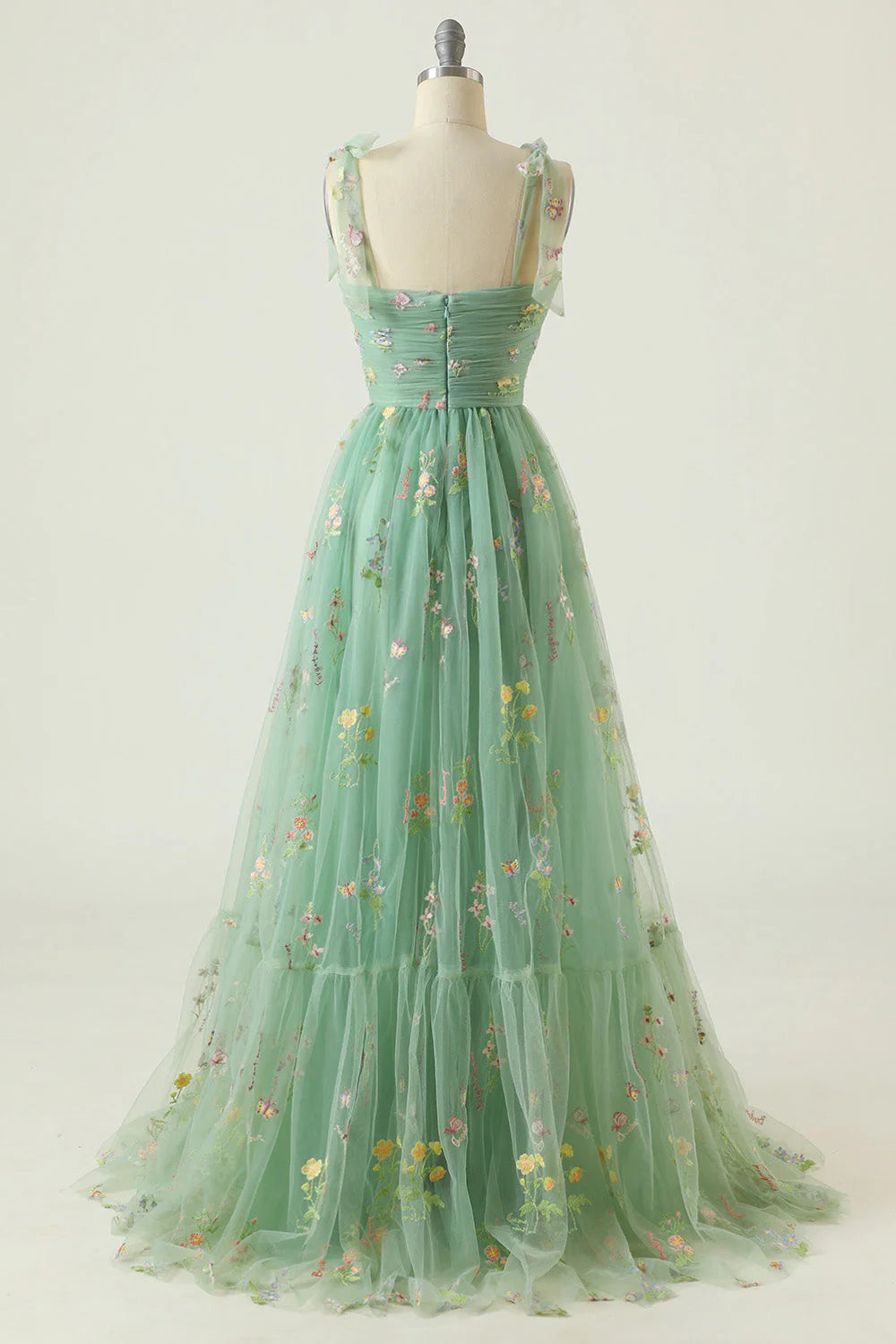Green Tulle A Line Spaghetti Straps Floral Long Prom Dress With Embroidery
