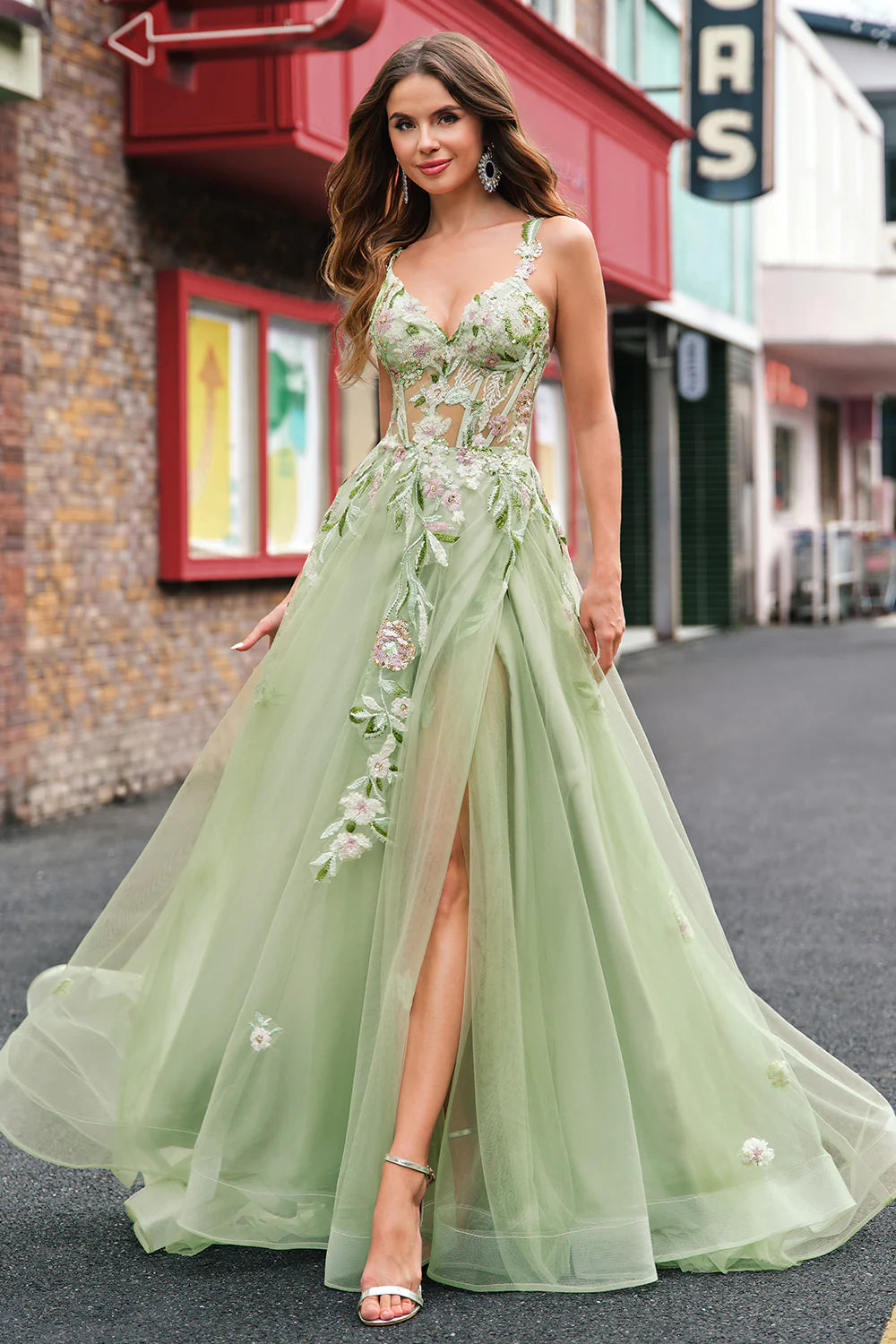 Green Tulle A Line Sparkly Sequin Corset Embroidered Long Prom Dress with Slit