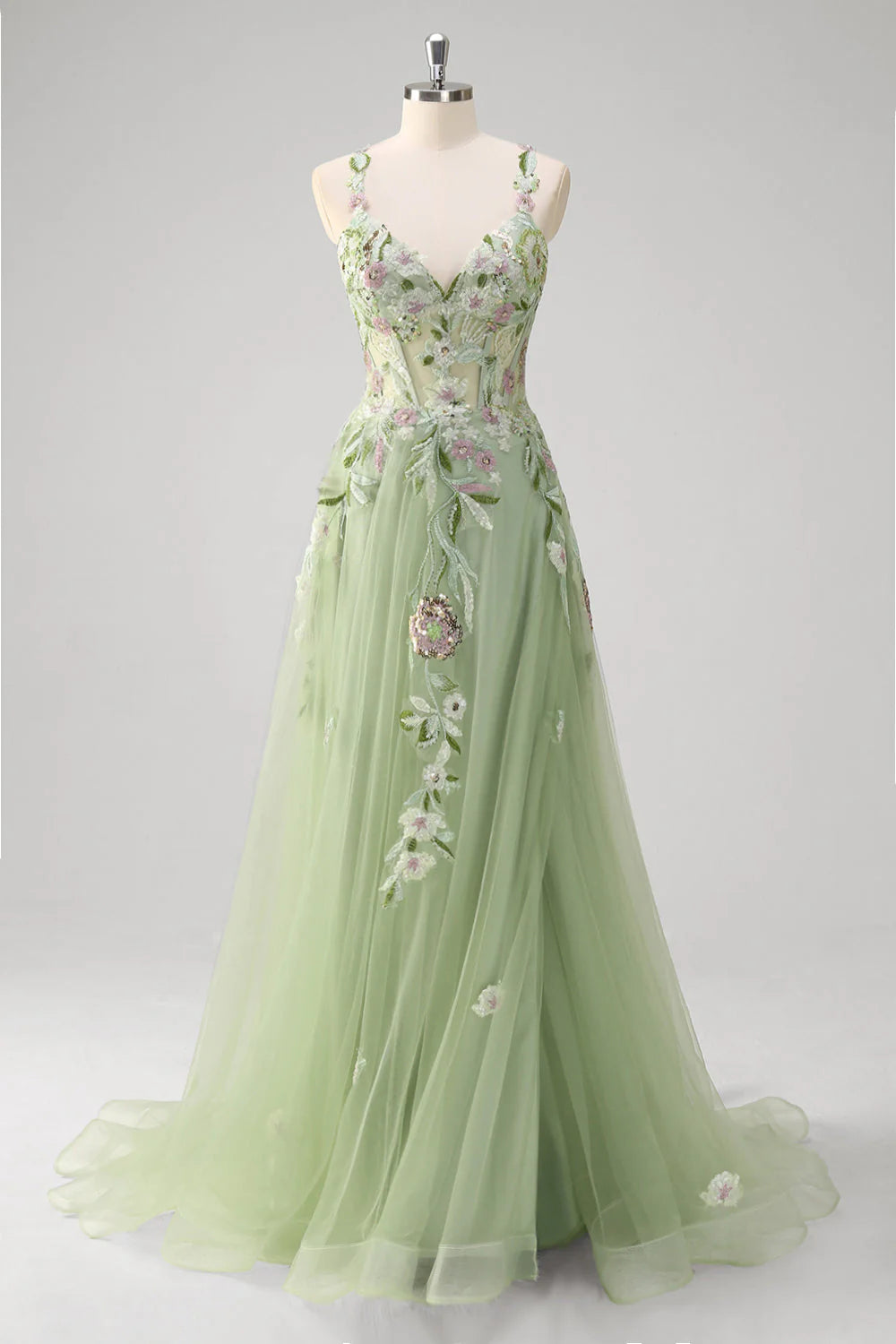 Green Tulle A Line Sparkly Sequin Corset Embroidered Long Prom Dress with Slit