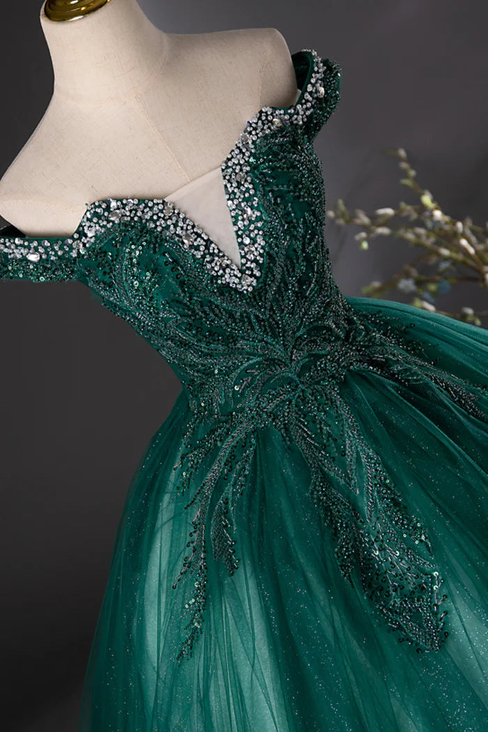 Green Tulle Beads Long Prom Dress, Elegant Off Shoulder Party Formal Dress