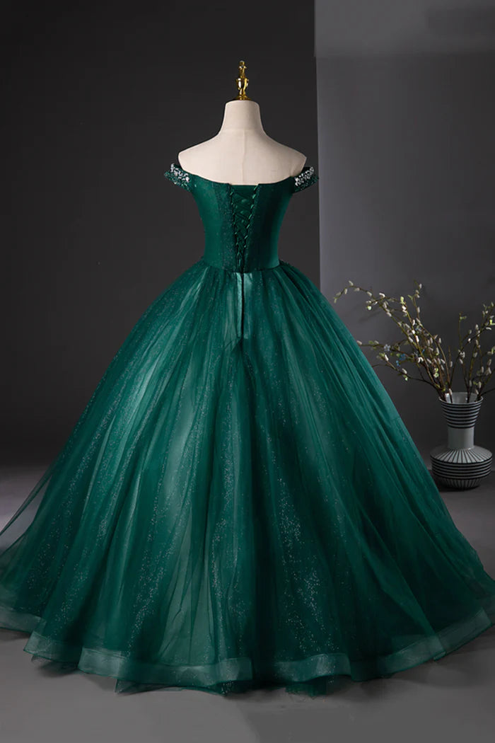 Green Tulle Beads Long Prom Dress, Elegant Off Shoulder Party Formal Dress