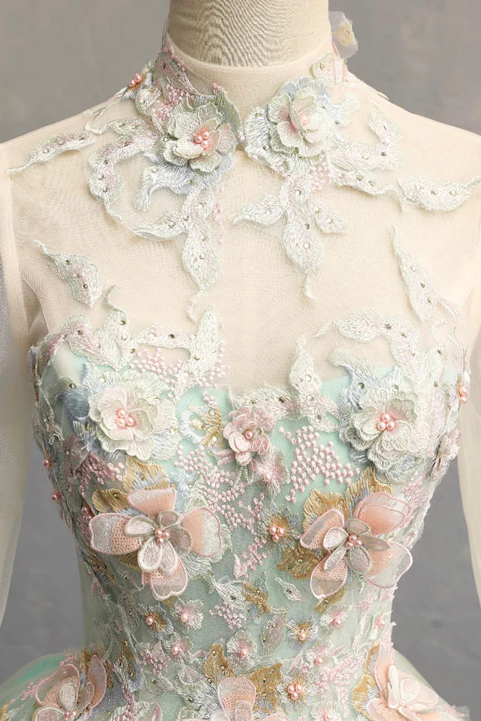 Green Tulle Lace Long Prom Dress, Beautiful A-Line Long Sleeve Party Dress