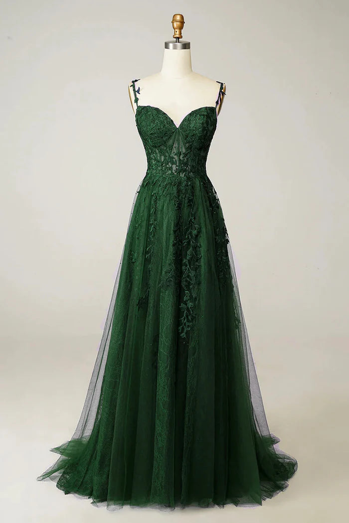 Green Tulle Lace Long Prom Dress, Beautiful Spaghetti Straps Formal Dress