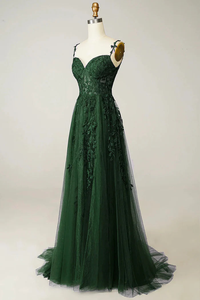 Green Tulle Lace Long Prom Dress, Beautiful Spaghetti Straps Formal Dress