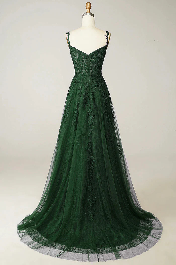 Green Tulle Lace Long Prom Dress, Beautiful Spaghetti Straps Formal Dress