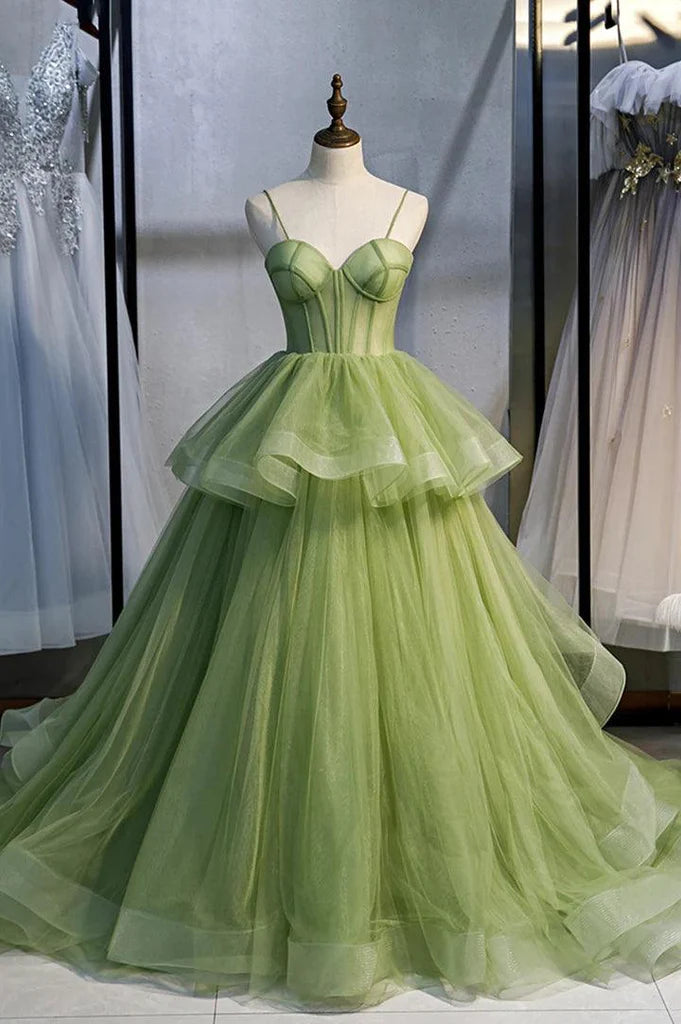 Tulle Green Long Prom Dress A-Line Evening Dresses
