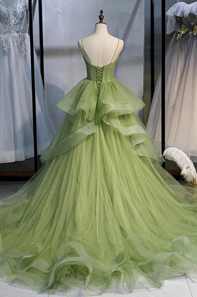 Tulle Green Long Prom Dress A-Line Evening Dresses
