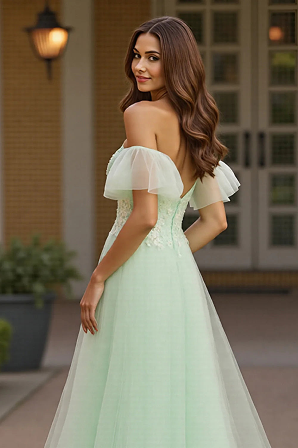 Green Tulle Off the Shoulder Long A Line Prom Dress with Appliques