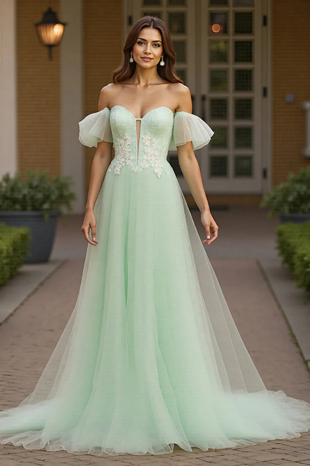 Green Tulle Off the Shoulder Long A Line Prom Dress with Appliques