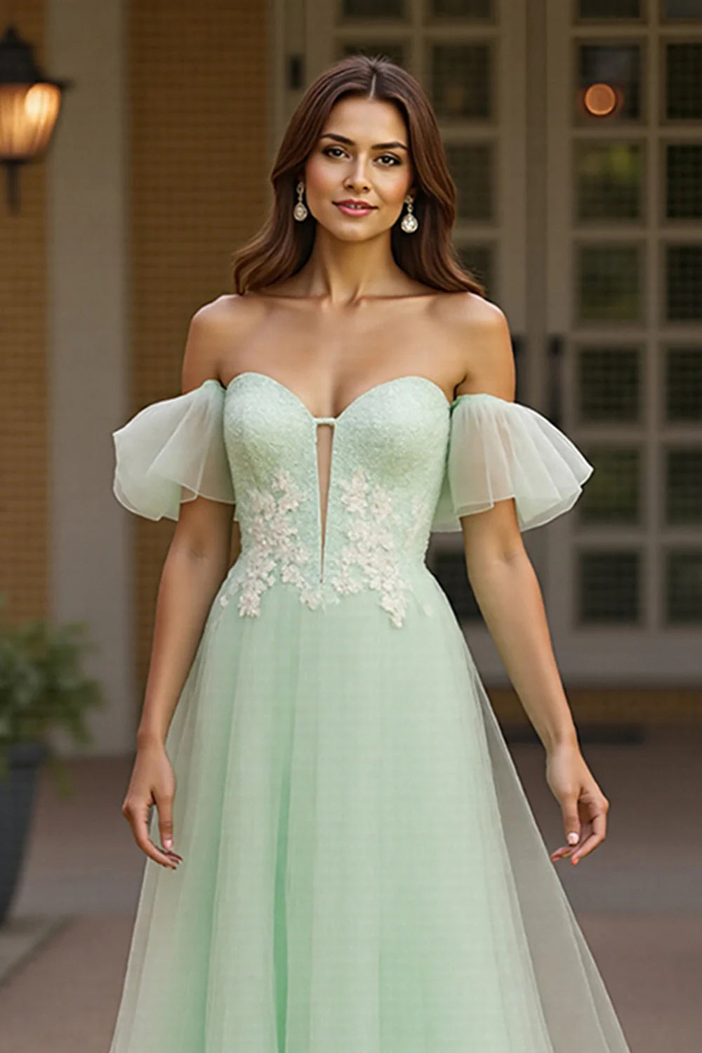 Green Tulle Off the Shoulder Long A Line Prom Dress with Appliques