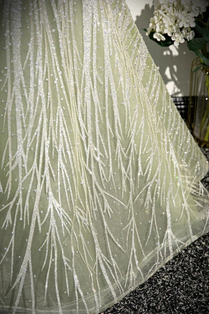 Green Tulle Sequins Long Prom Dress, Beautiful Off the Shoulder Party Dress