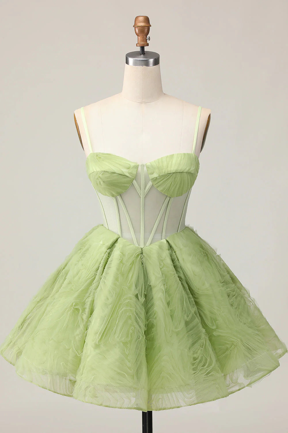 Green A Line Spaghetti Straps Sheer Corset Ruched Short Homecoming Dress