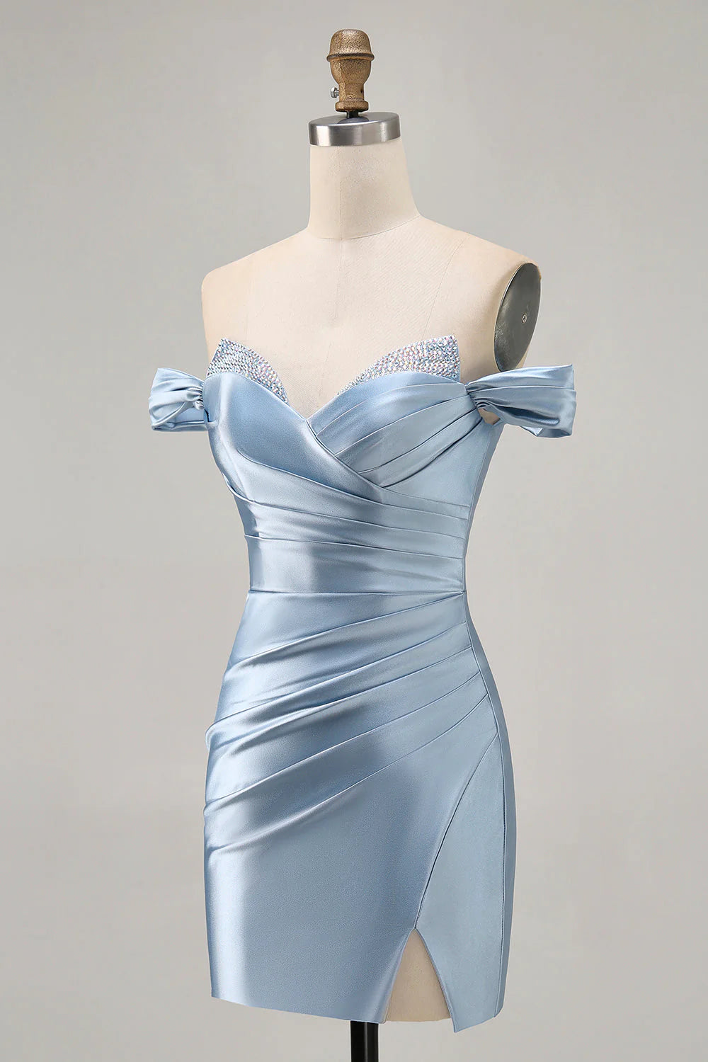 Grey Blue Bodycon Off The Shoulder Ruched Satin Homecoming Dress with Slit