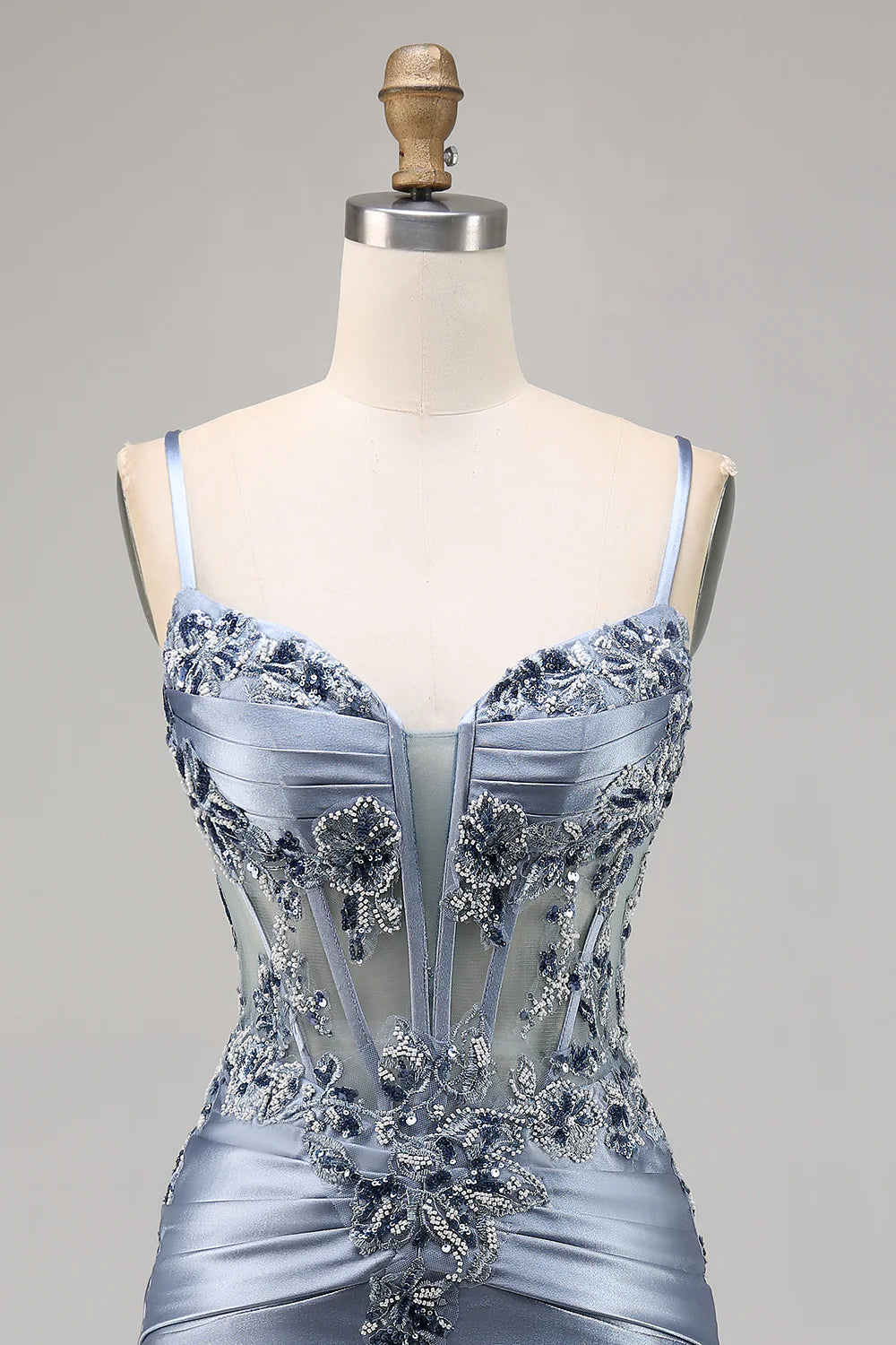 Grey Blue Bodycon Satin Corset Short Homecoming Dress with Beading