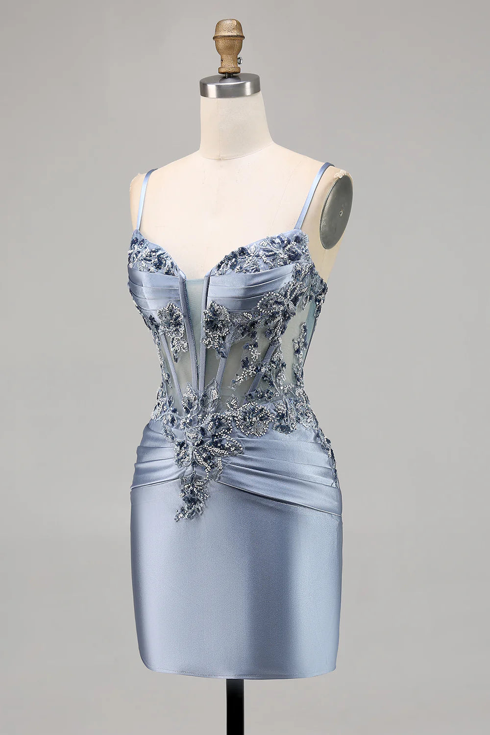 Grey Blue Bodycon Satin Corset Short Homecoming Dress with Beading