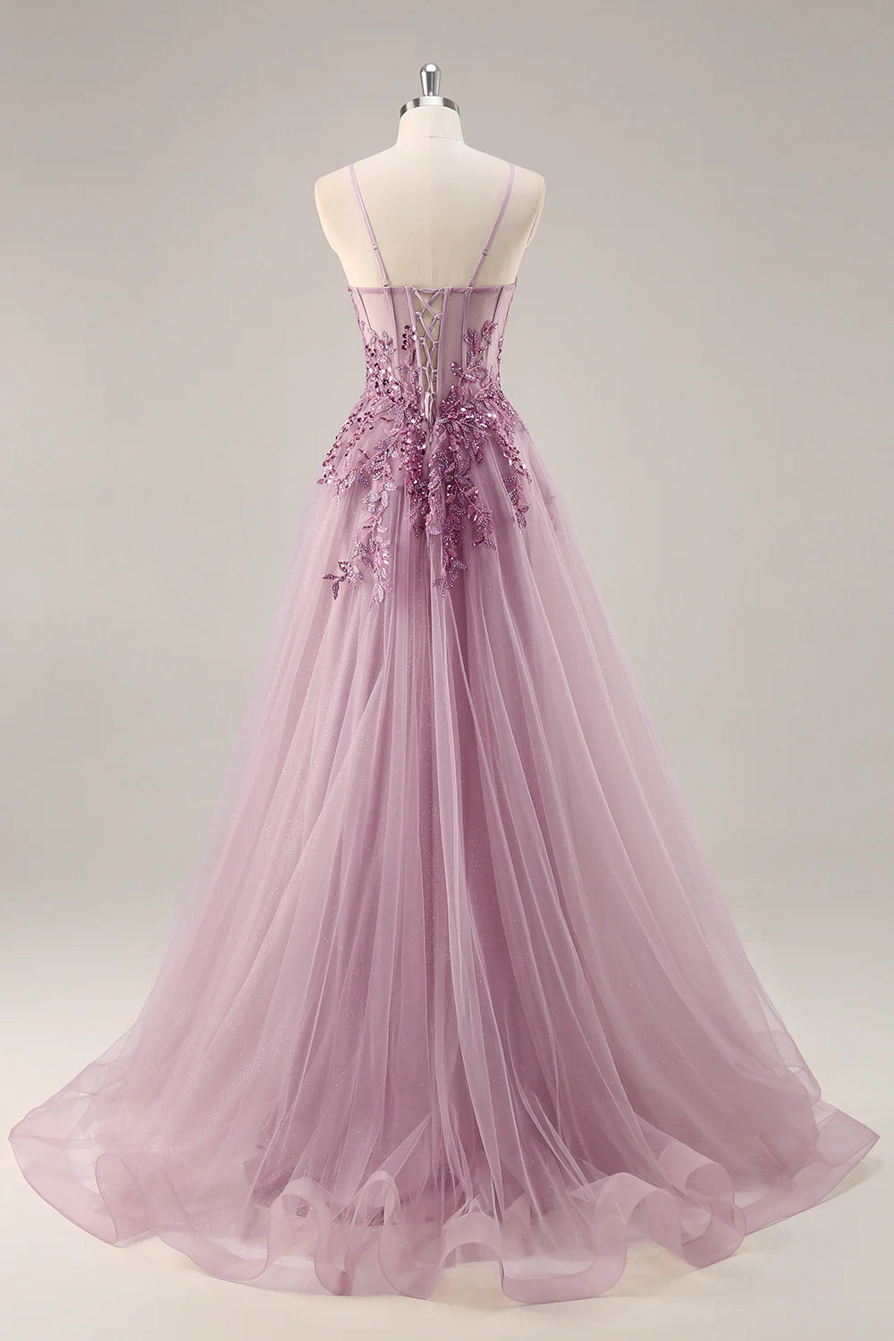 Grey Purple A-Line Corset Beaded Tulle Long Prom Dress with Slit