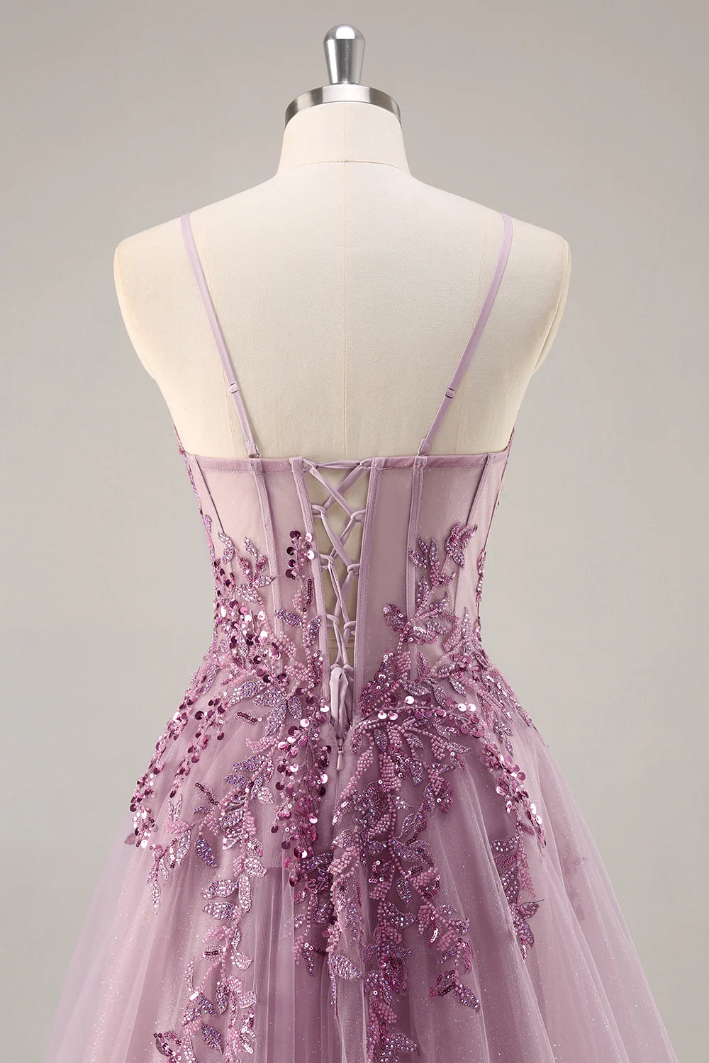 Grey Purple A-Line Corset Beaded Tulle Long Prom Dress with Slit