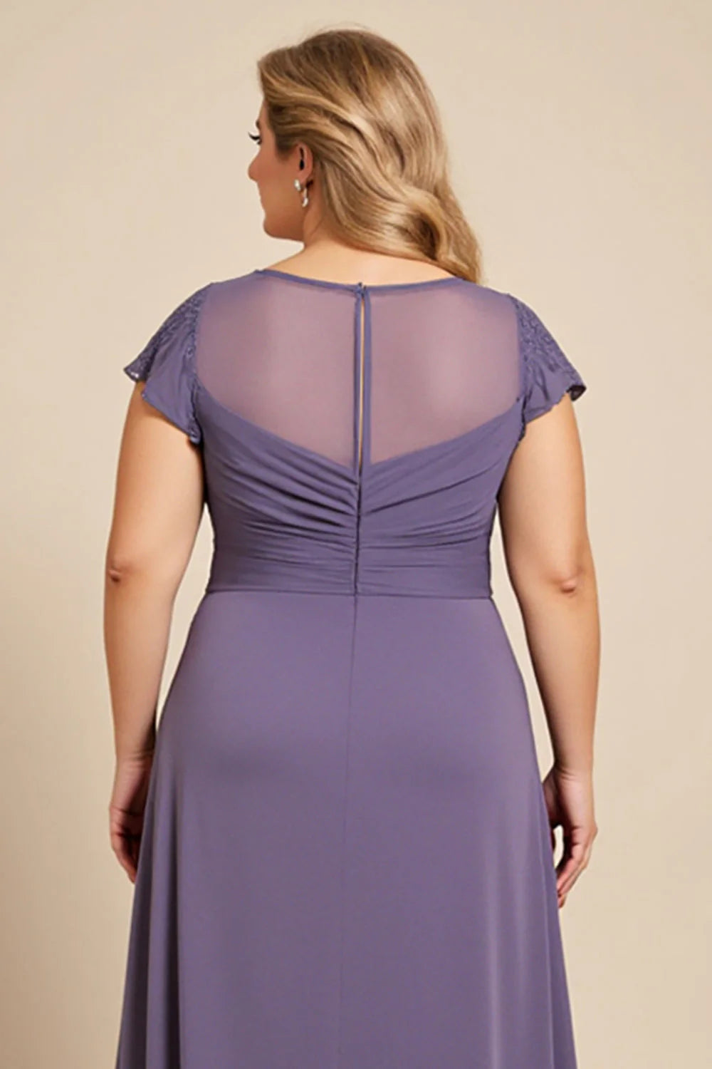 Grey Purple Plus Size Long Mother of the Bride Dress with Cap Sleeves