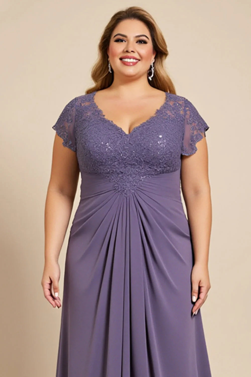 Grey Purple Plus Size Long Mother of the Bride Dress with Cap Sleeves
