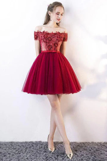 Off the Shoulder Red Floral Short Retract Your Waist Homecoming Dress