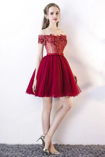 Off the Shoulder Red Floral Short Retract Your Waist Homecoming Dress