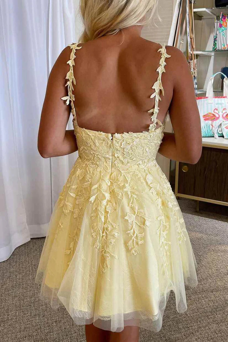 Princess Yellow Appliques A-line Short Homecoming Dress