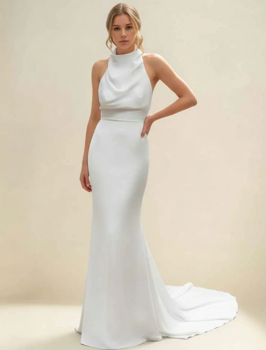 Halter-Neck Satin Wedding Dress with Cowl Bodice, Low Drape Back & Mermaid Train