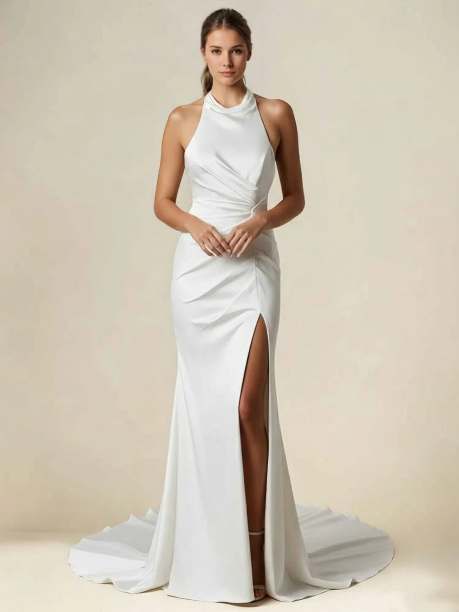Halter-Neck Satin Wedding Dress with Ruched Bodice, High Thigh Slit & Low Cowl Back
