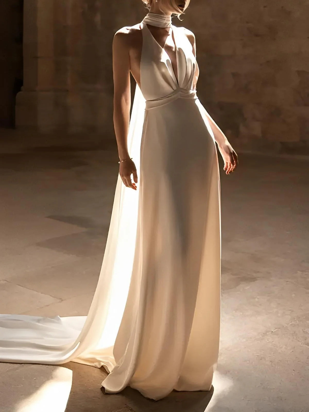 Halter-Neck Satin Wedding Dress with Choker Detail, Deep V-Bodice, Open Back & Chapel Train