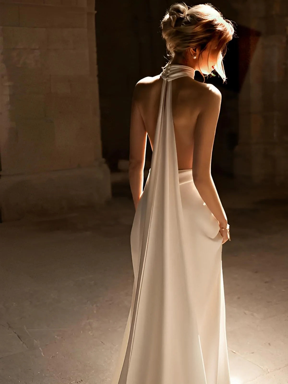 Halter-Neck Satin Wedding Dress with Choker Detail, Deep V-Bodice, Open Back & Chapel Train