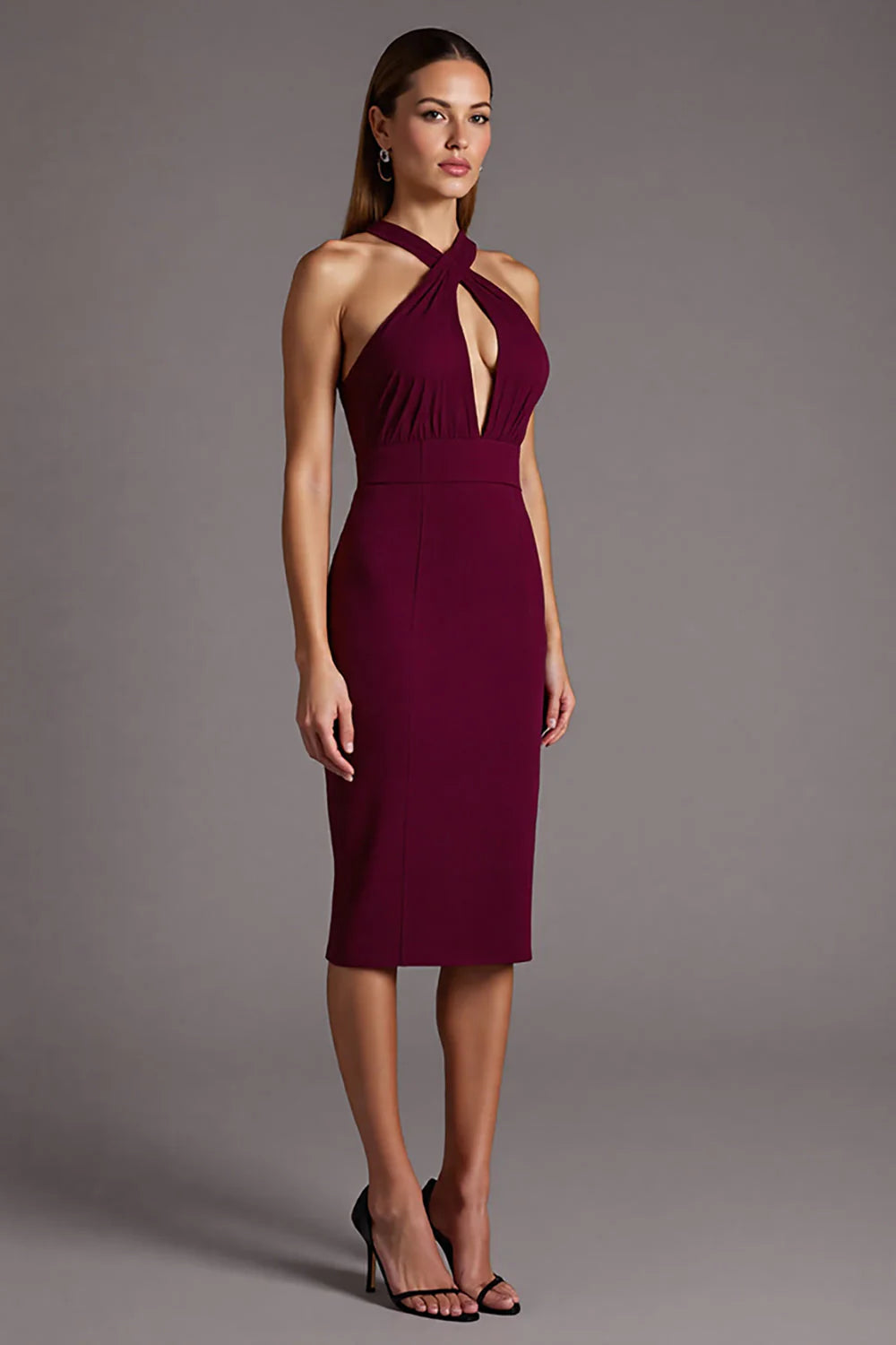 Halter Burgundy Cut Out Tight Formal Dress