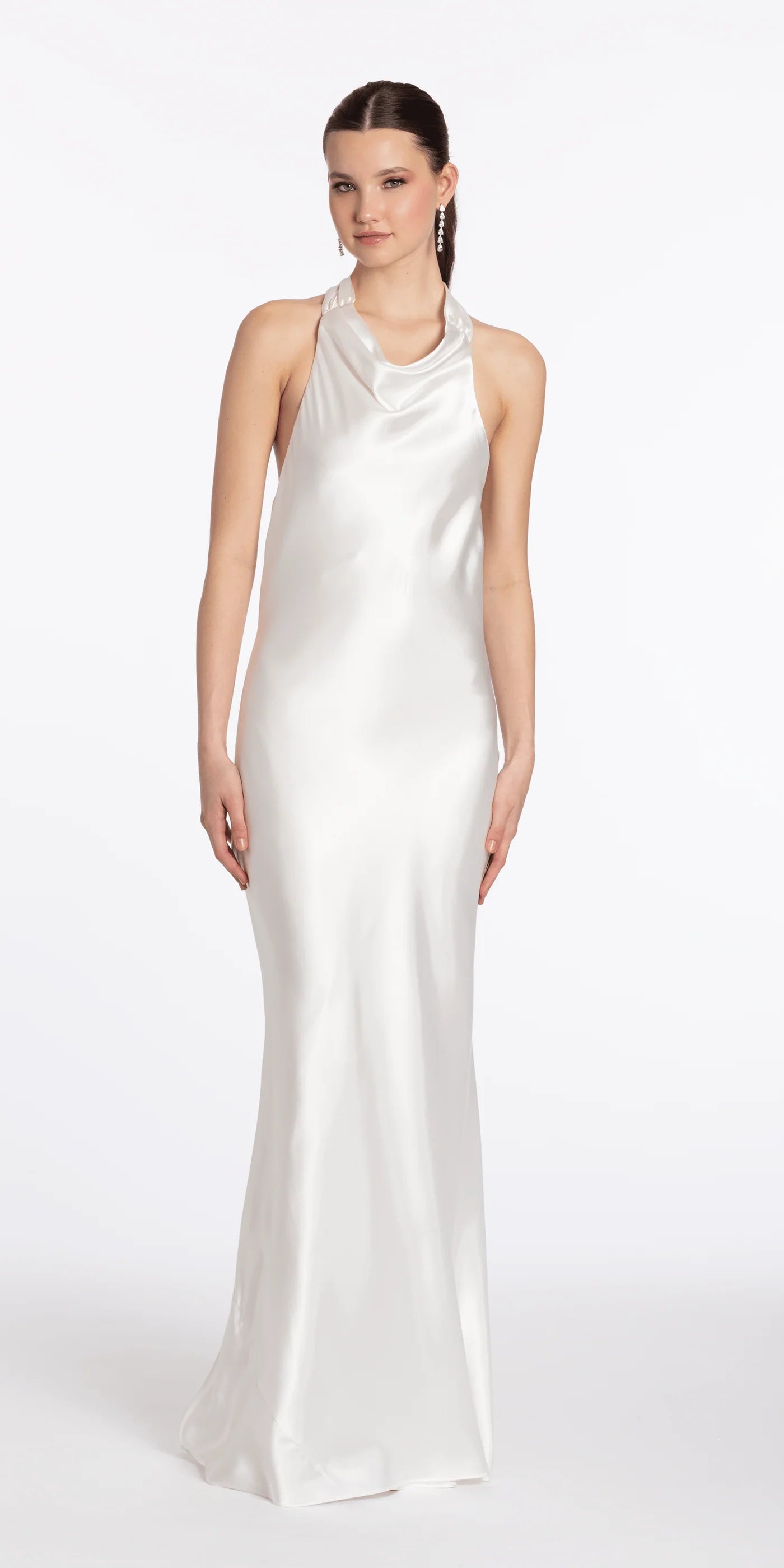Halter Cowl Neck Satin Mermaid Evening Dresses with Back Bow Tie and Open Back Design