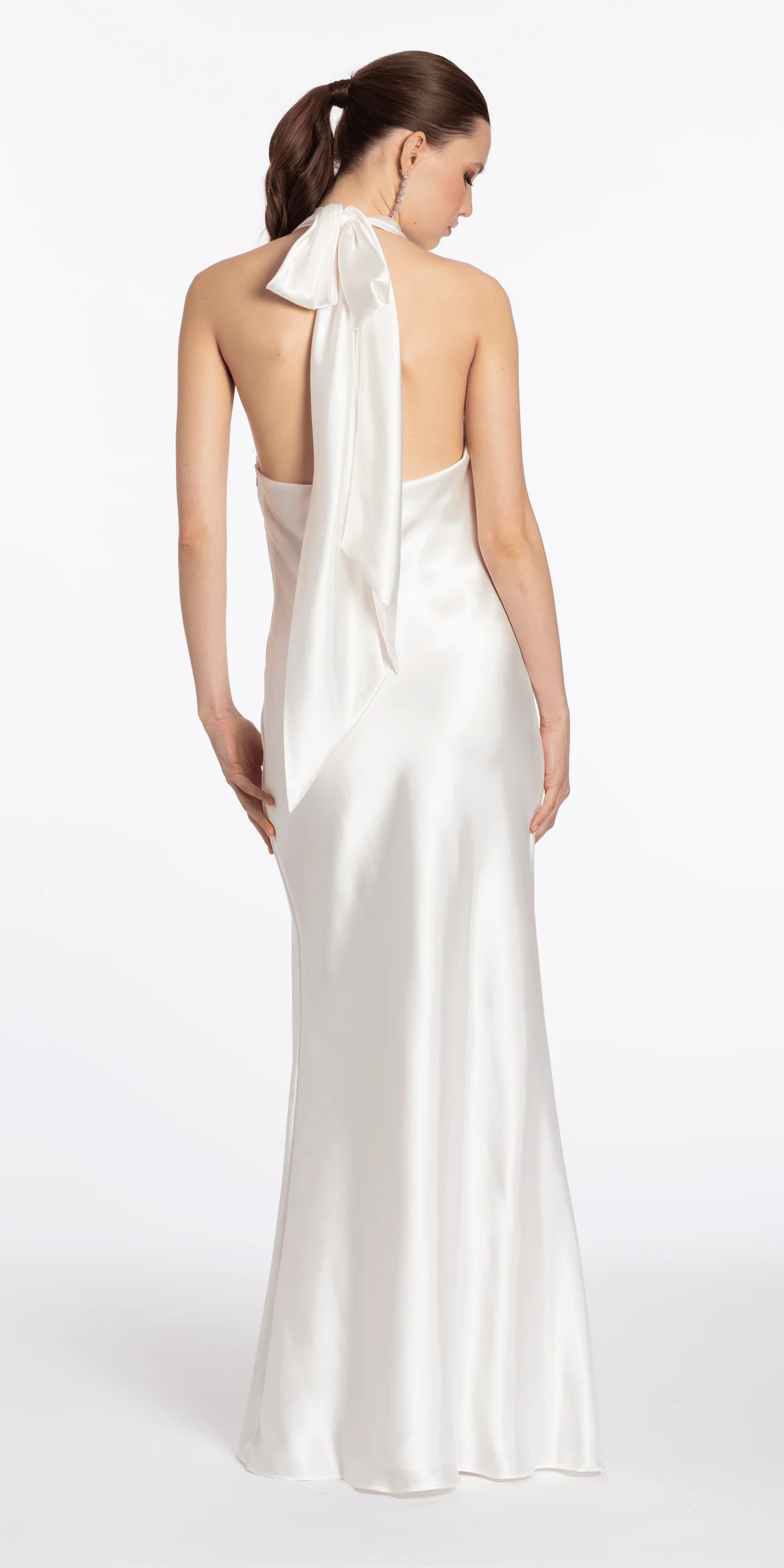 Halter Cowl Neck Satin Mermaid Evening Dresses with Back Bow Tie and Open Back Design