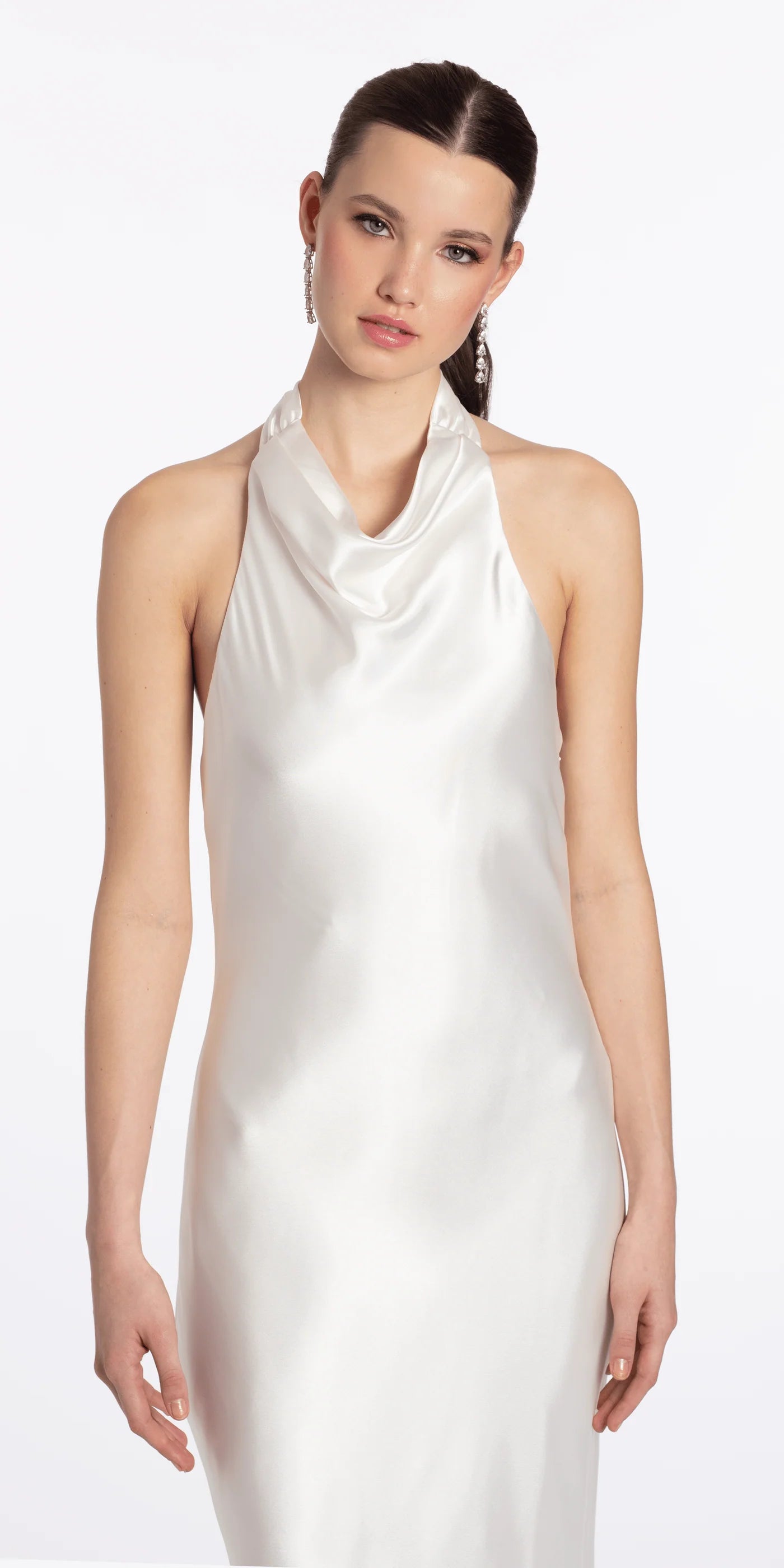 Halter Cowl Neck Satin Mermaid Evening Dresses with Back Bow Tie and Open Back Design