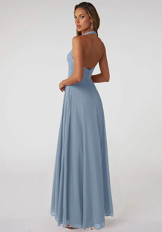 Halter Deep V Cross Ruched Bodice Low Open Back Flowy Chiffon Floor Length Bridesmaid Dresses