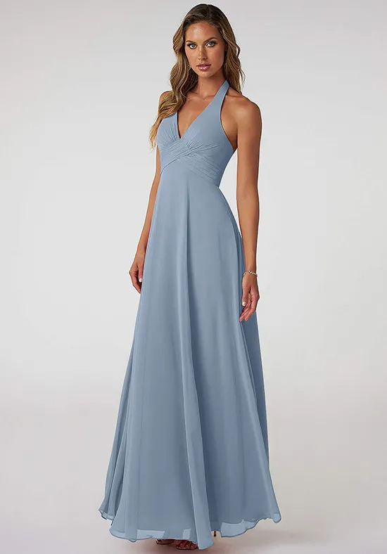 Halter Deep V Cross Ruched Bodice Low Open Back Flowy Chiffon Floor Length Bridesmaid Dresses
