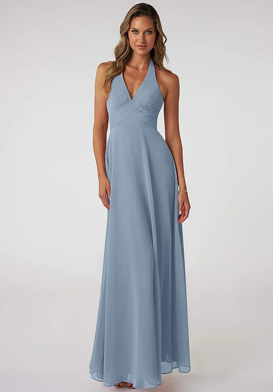Halter Deep V Cross Ruched Bodice Low Open Back Flowy Chiffon Floor Length Bridesmaid Dresses