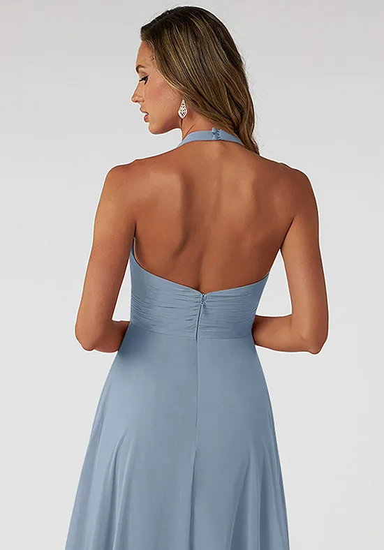 Halter Deep V Cross Ruched Bodice Low Open Back Flowy Chiffon Floor Length Bridesmaid Dresses