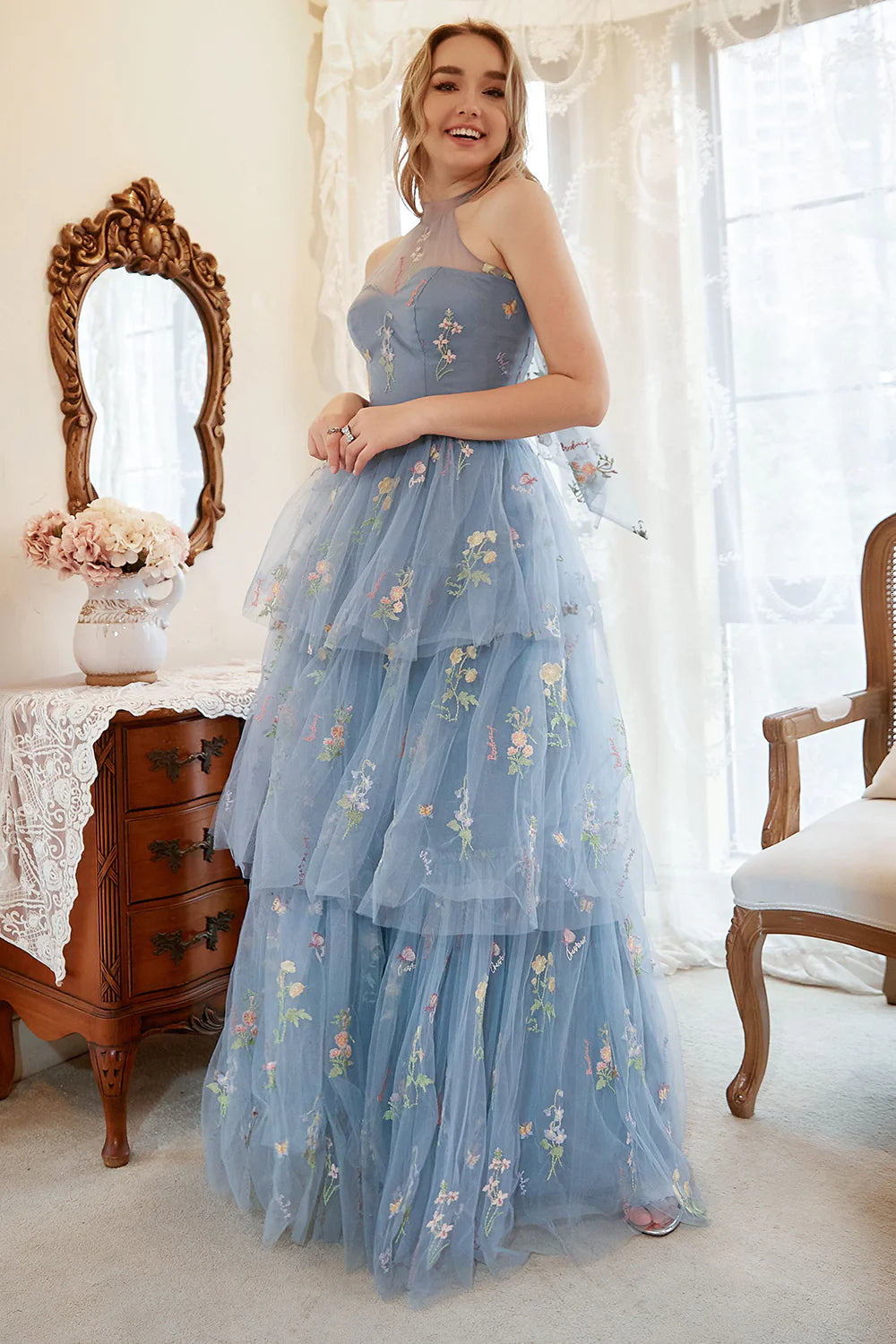 Halter Grey Blue A-Line Tulle Prom Dress with Embroidery