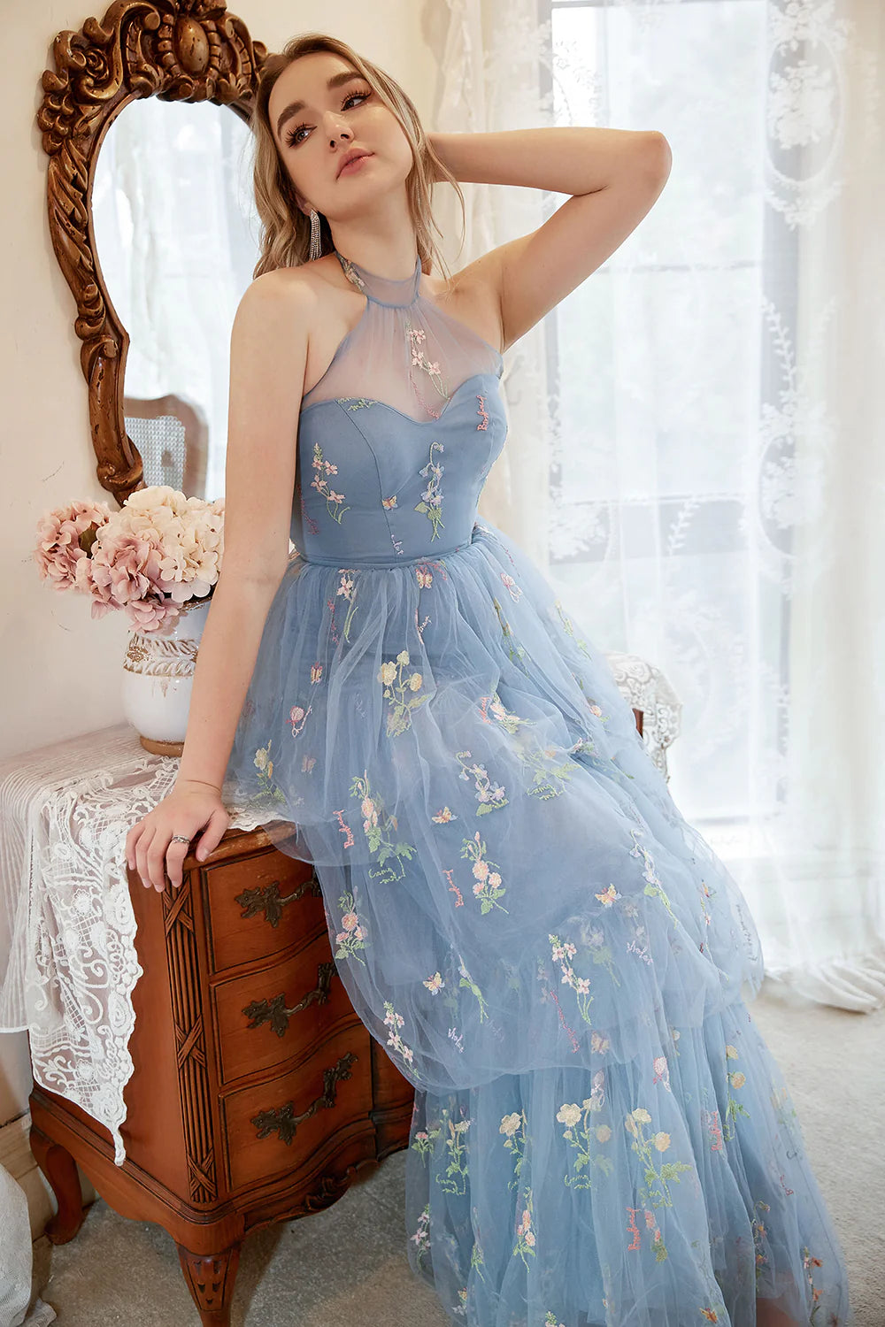 Halter Grey Blue A-Line Tulle Prom Dress with Embroidery